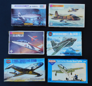 Lot 163 - 6 x boxed unmade plastic 1 48 scale Model Kits - Early Military Jets -
