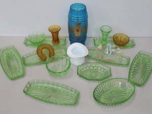 Lot 184 - Group of vintage coloured glass inc Victorian blue and gilt barrel vas