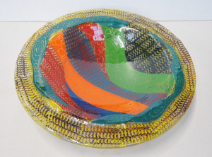 Lot 187 - Large Modernist Slump Glass Fruit Bowl - Colourful abstract design, on