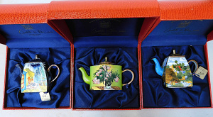 Lot 210 - 3 x Boxed Charlotte di Vita Miniature Enamel Teapots - Van Gogh themed