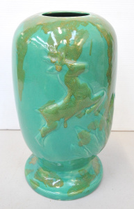 Lot 212 - Large 1950s Australian Pottery Vase - Deep Turquoise with green drip g