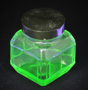 Lot 215 - Vintage Uranium glass square lidded Jar with mottled green Bakelite li