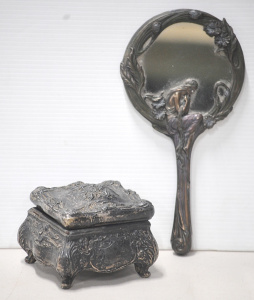 2 pces Art Nouveau inc Hand Mirror with classical figures to front & back an