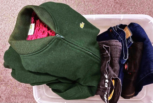 Lot 013 - Box Vintage & Modern Mens clothing incl Lacoste green wool quilted