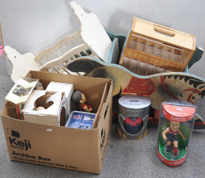 Lot 015 - Wooden kids items inc vintage horse rocker and doll's cot + Thomas the