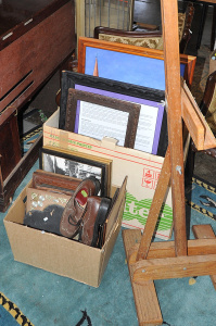 Lot 039 - Large mixed vintage lot inc artists easel (182cm H) + 2 boxes inc pain