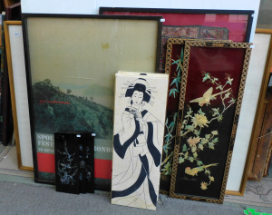Lot 046 - Group lot - Framed paintings, posters, material panels, etc - set of 3