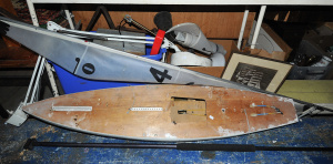 Lot 055 - Lot of Mixed Items incl Lamps, Wooden Sail Boat w Sails, Assorted Hard