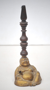 Lot 126 - Vintage brass and rosewood sitting Buddha water pipe 27 5cm H