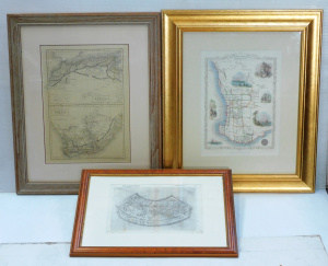 Lot 133 - 3 x vintage framed maps inc hand coloured Swan River WA by John Tallis