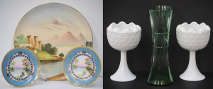 Lot 137 - Group lot Vintage Glass & Ceramics - c1900 h painted English Charg