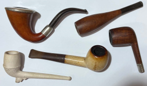 Lot 171 - 5 x vintage Pipes incl 1910 Calabash with hmarked sil fittings, tubula