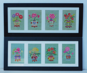Lot 182 - 2 x framed sets of 4 x Chinese Cut out & painted Paper Pictures of
