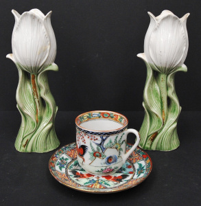 Lot 200 - Pair of Victorian ceramic tulips (17cm H)and hand painted Chinese teac