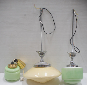 Lot 203 - 3 x Vintage Art Deco Ceiling Light Shades incl 2 x Green Glass Light S