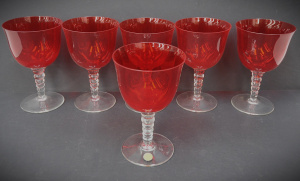 Lot 204 - Set of 6 Vintage Murano Ruby Red Stemmed Glasses - clear graduating bo