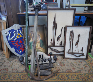 Lot of Mixed Items incl Metal Ship Anchor, Silver Top Taxi Design, Framed Pictur