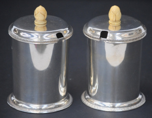 Pair Hallmarked 1932 London Mappin & Webb cylindrical lidded Condiment Conta