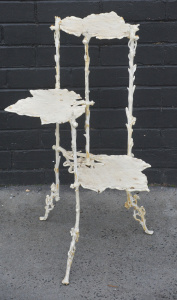 Lot 001 - Victorian cast iron white painted 3-tier plane tree leaf plant stand -