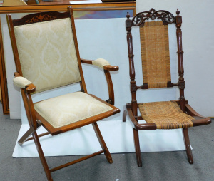 Lot 007 - 2 folding campaign chairs c1900 inc oak w marquetry inlay and ivory up