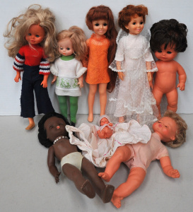 Lot 012 - Box vintage dolls inc 2 x Ideal dolls (1f), English Coloured Hard Pl