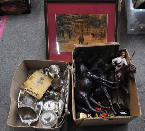 Lot 018 - Large group lot of 2 boxes + inc vintage EP and brass ware, worked lea