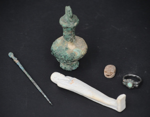 Lot 030 - Group of Egyptian findings inc white metal ring, hair pin (10cm), smal