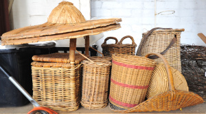 Lot 040 - Lot of Mixed Caneware incl Cane Picnic Basket, Cane Hats, Assorted Bas