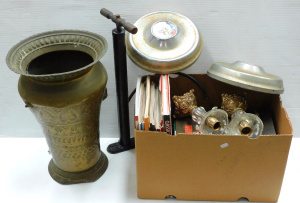 Lot 051 - Mixed lot inc 2 x vintage Holden hubcaps, large vintage brass pot (42