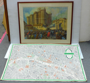 Lot 052 - 2 x large French pictures - Unframed Aerial View of Paris (af) + frame