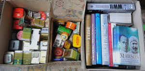Lot 057 - 3 x Boxes Mixed inc Tins, Bank Money boxes, Books inc Australian Refer