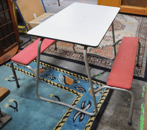 Lot 062 - Retro 1950s Kids fold out Table & Chair set - fold out Red bench s