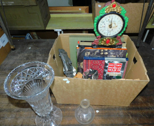 Lot 064 - Mixed box lot inc vintage cast iron Salter Household Scale, reference