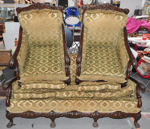 Lot 071 - Heavily carved mahogany Tudor Revival 3 pce down filled lounge sweet (