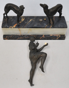 Lot 074 - French Art Deco spelter figure of female figure and 2 Hounds on black