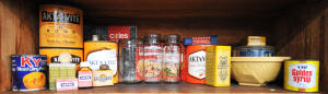 Lot 082 - Vintage and retro tins, packages etc inc embossed glass lidded Vacola