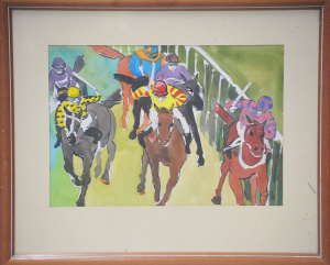 Lot 093 - Artist Unknown Framed c1988 Watercolour - The Horse Races - signed w I