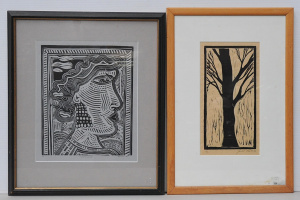 Lot 111 - 2 x Framed Modernist Linocuts - Janet Keats 'Tree' 1982 30x16cm + Jim