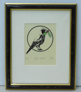 Lot 120 - Artist Unknown Framed Linocut - Magpie Christmas - signed but illegibl