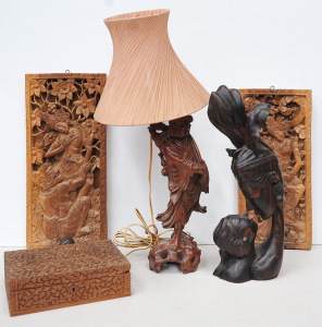 Lot 128 - Group of Oriental carved wooden items inc Balinese macassar ebony bust