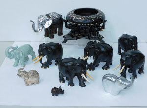 Lot 134 - Large Herd of Elephants inc Carved Ebony with contrast inlay Bowl, Ebo