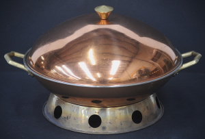 Lot 139 - Korean copper, brass, and aluminium lidded wok with fire ring base and