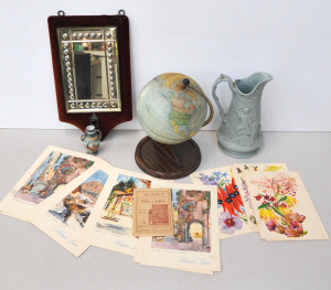 Lot 142 - Mixed vintage lot inc tin globe (pre-1960), 1930s wall vanity mirror,