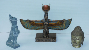 Lot 148 - 3 metal items inc Egyptian Goddess of Isis figure 23cm H, Carved Stone