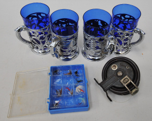 Lot 149 - Vintage Bakelite Ebro Minor fishing reel, box of fishing flies, 2 sets