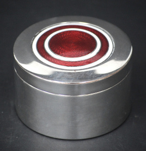 Lot 172 - Vintage Unmarked but tested Sterling Silver Box - round w Red & Wh
