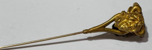 Lot 174 - c1900 long ornate gold plated Hat pin with 9ct gold top - approx 20cms