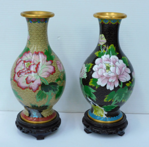 Lot 190 - 2 x Cloisonne Vases with carved with Peony Floral detail with carved s