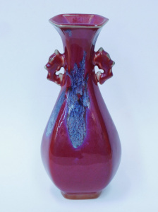 Lot 191 - Vintage style Chinese Jun ware Vase - deep red glaze w Blue & Whit