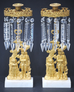 Lot 218 - Pair Ornate Gilt Ormalou 1850s Lustre Candlesticks by Cornellius &
